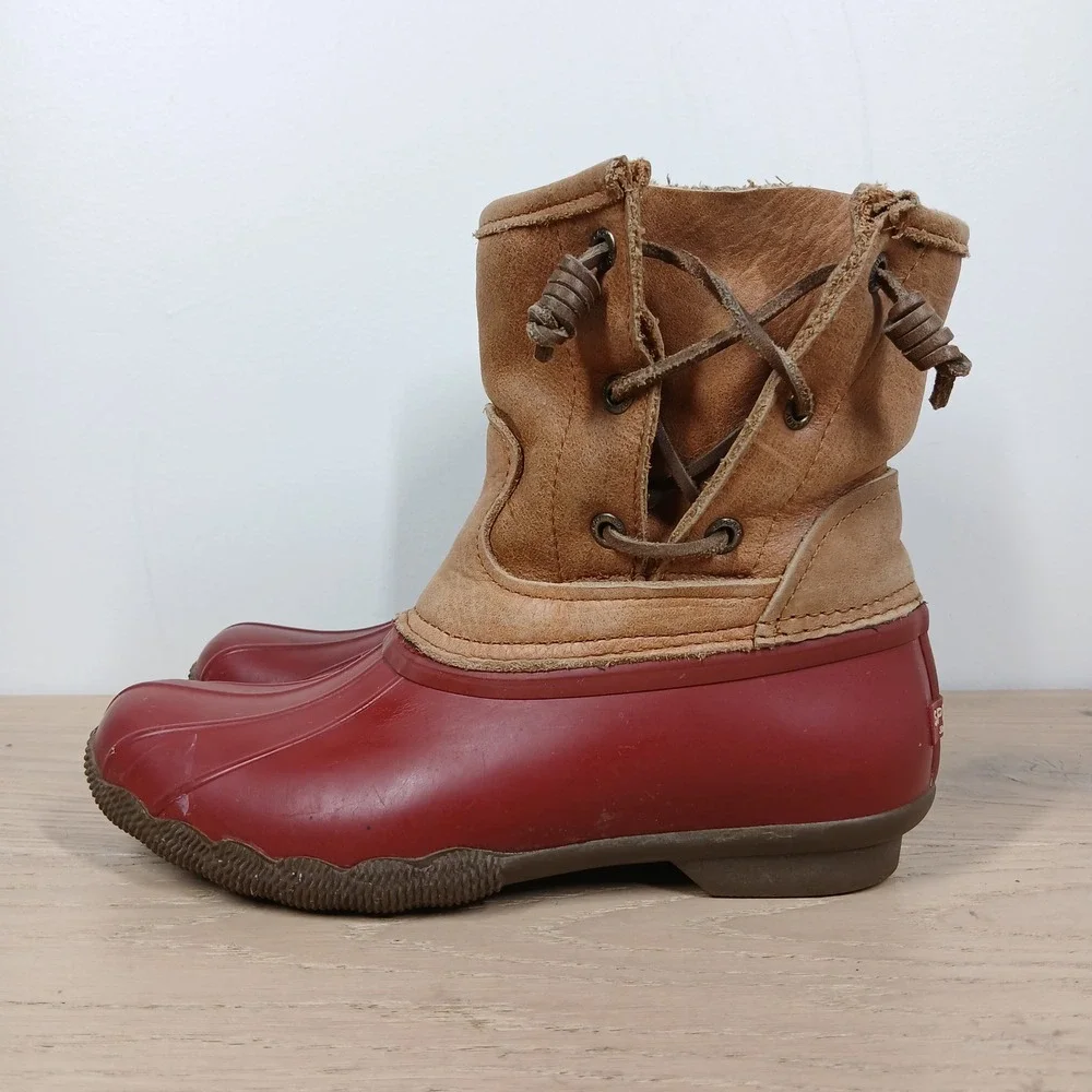 Sperry Waterproof Duck Boots Womens 6 M Red Brown Leather Lace Up Rain Boots